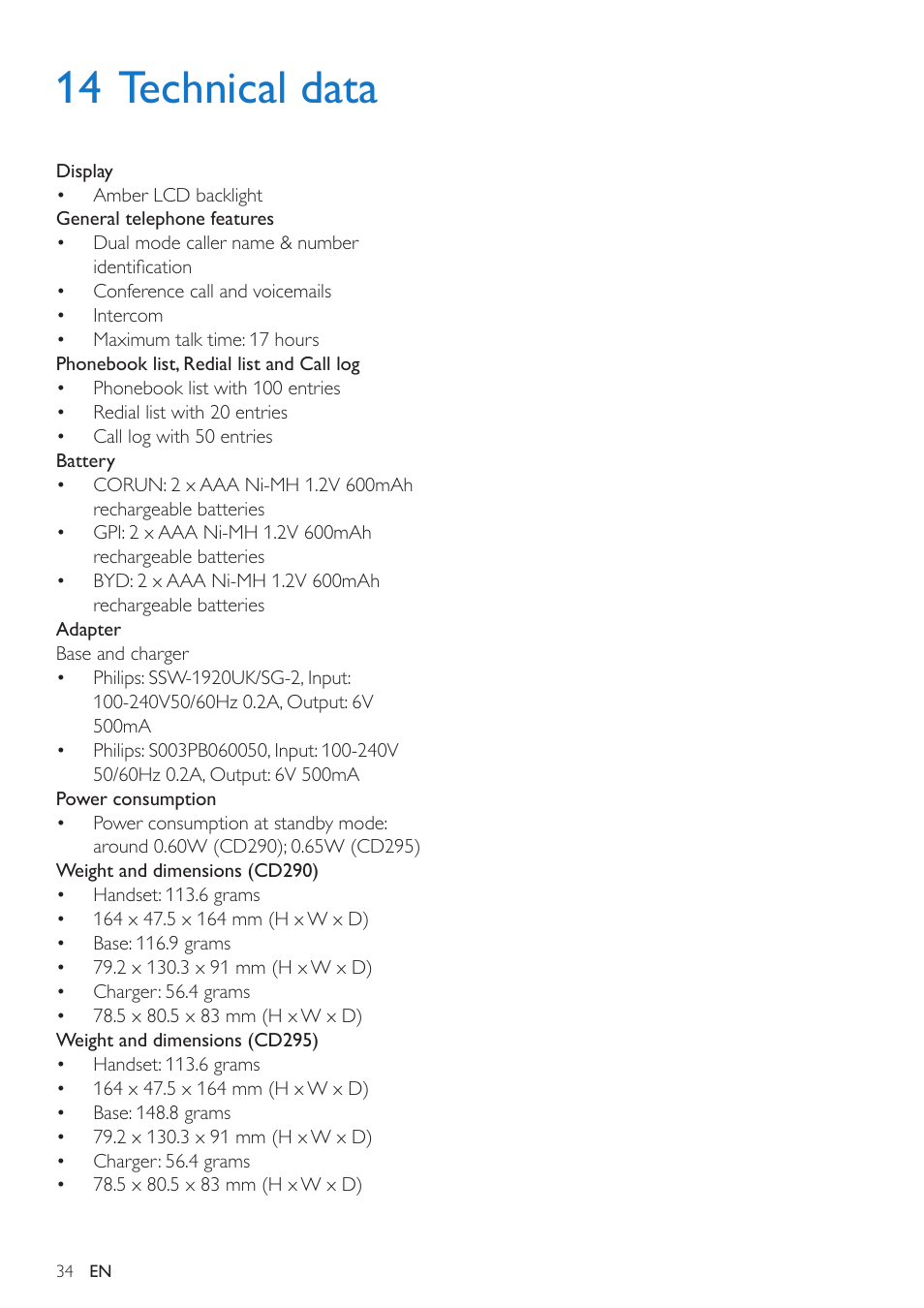 14 technical data | Philips CD295 User Manual | Page 36 / 44