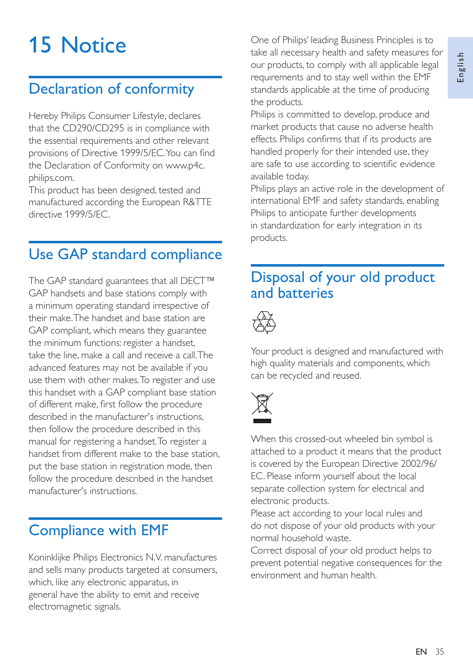 15 notice, Declaration of conformity, Use gap standard compliance | Compliance with emf, Disposal of your old product and batteries, Disposal of your old product and, Batteries | Philips CD295 User Manual | Page 37 / 44