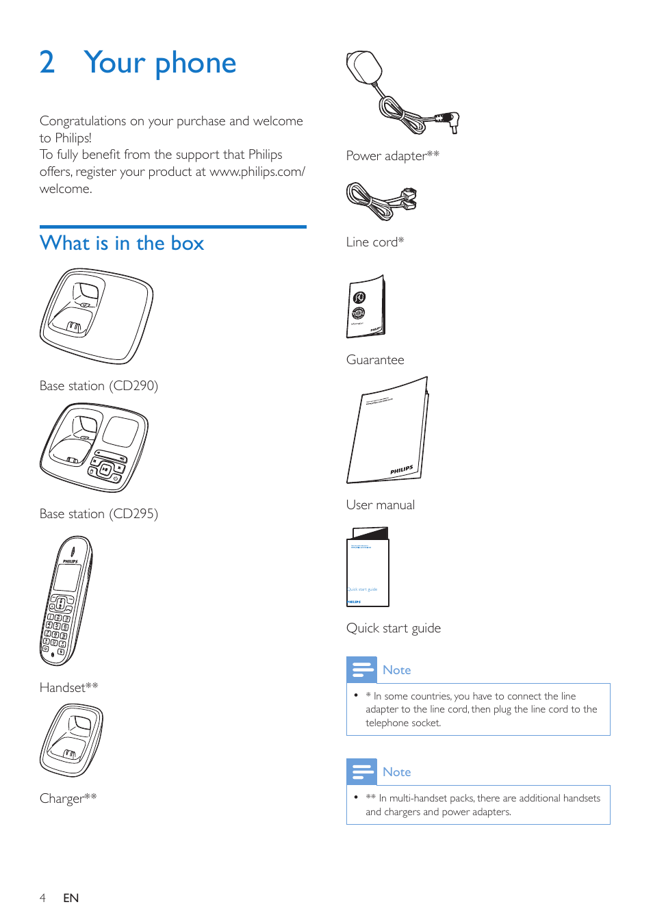 2 your phone, What is in the box | Philips CD295 User Manual | Page 6 / 44