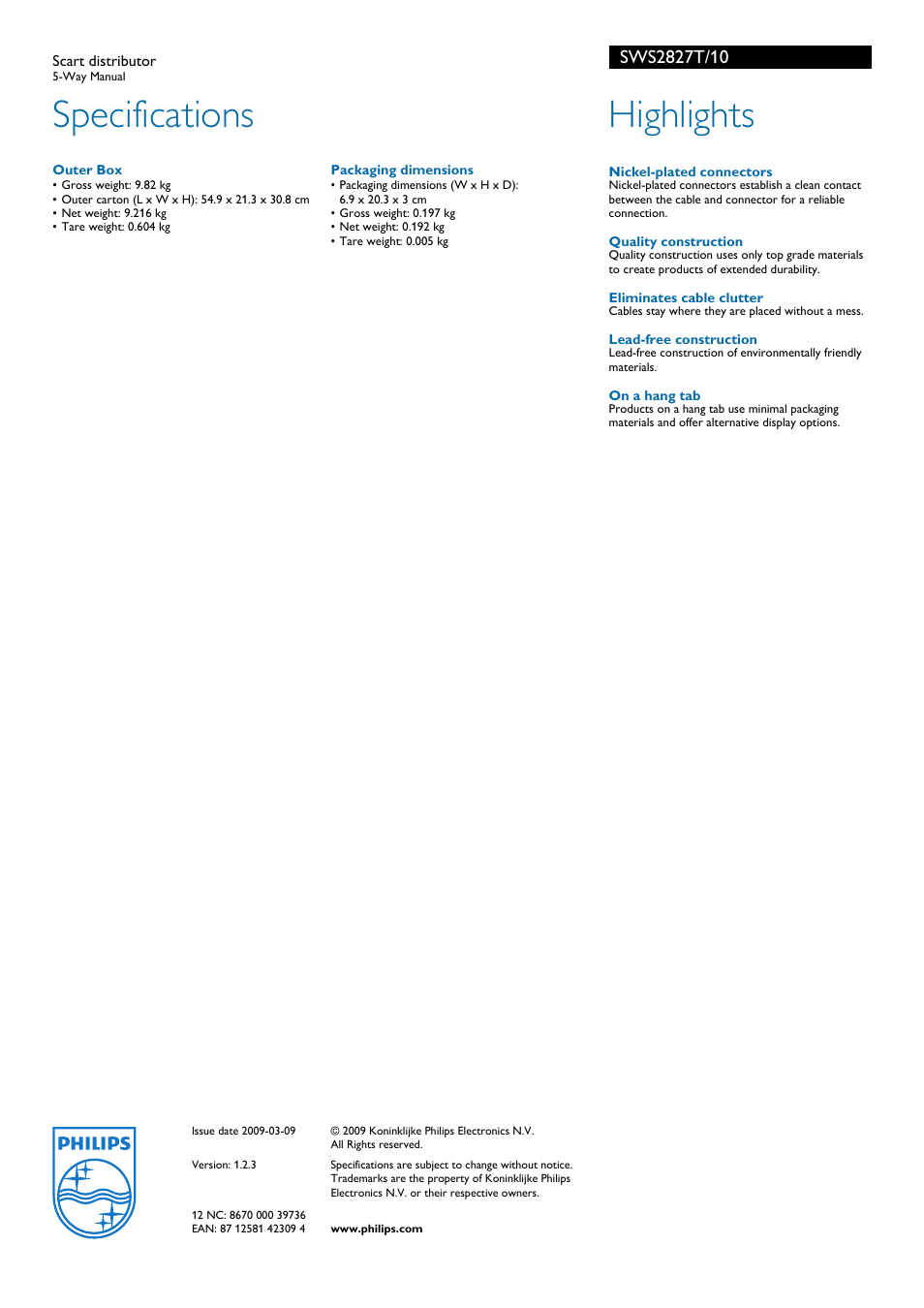 Specifications, Highlights | Philips 5-Way SWS2827T User Manual | Page 2 / 2