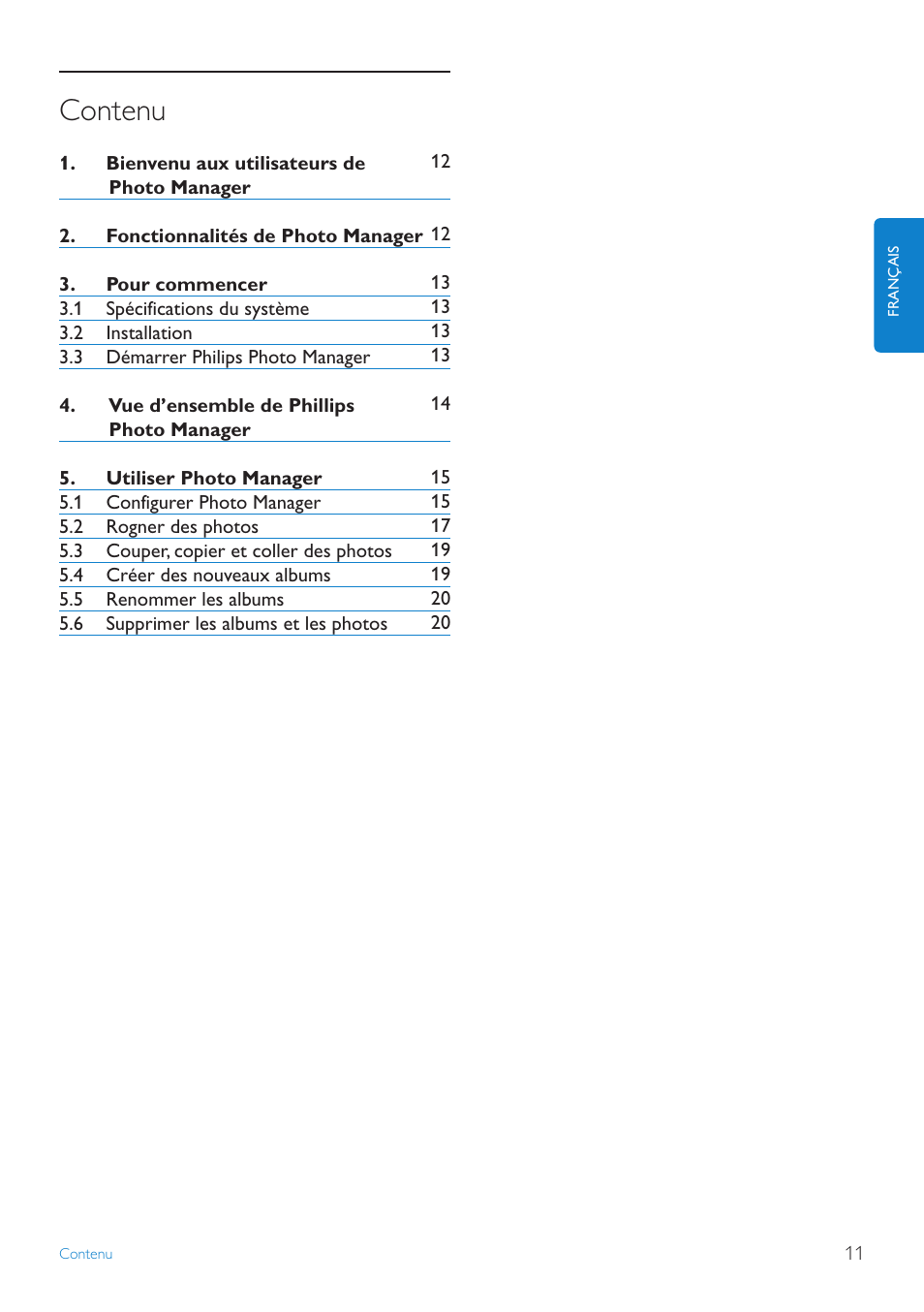 Fr manuels d’utilisation, Contenu | Philips 10FF3CDW User Manual | Page 13 / 102