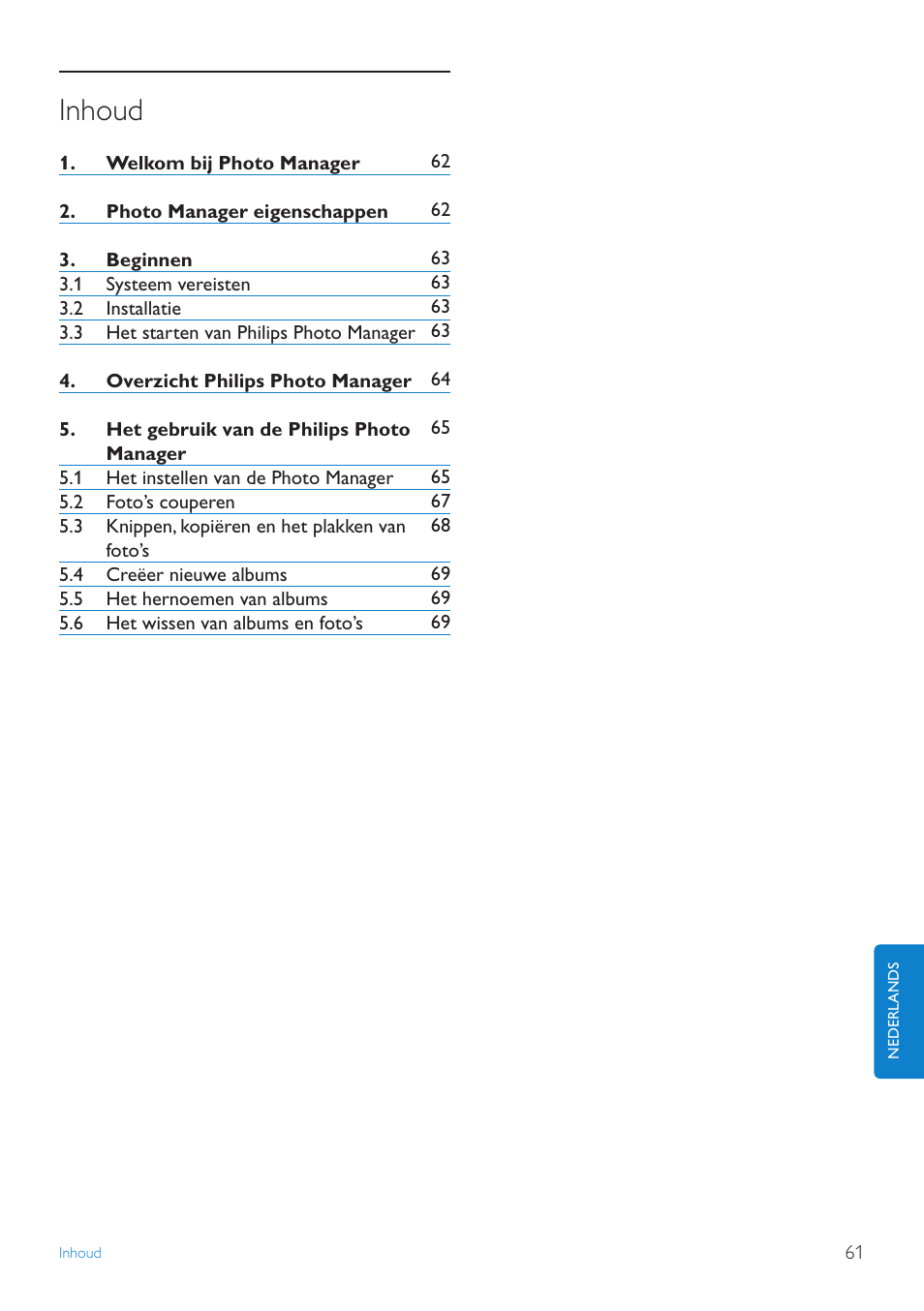 Nl gebruikers-handleidingen, Inhoud | Philips 10FF3CDW User Manual | Page 63 / 102