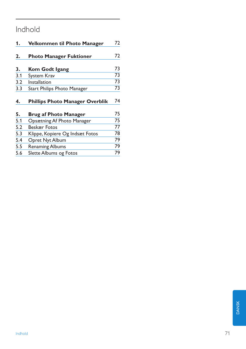 Da brugervejledninger, Indhold | Philips 10FF3CDW User Manual | Page 73 / 102