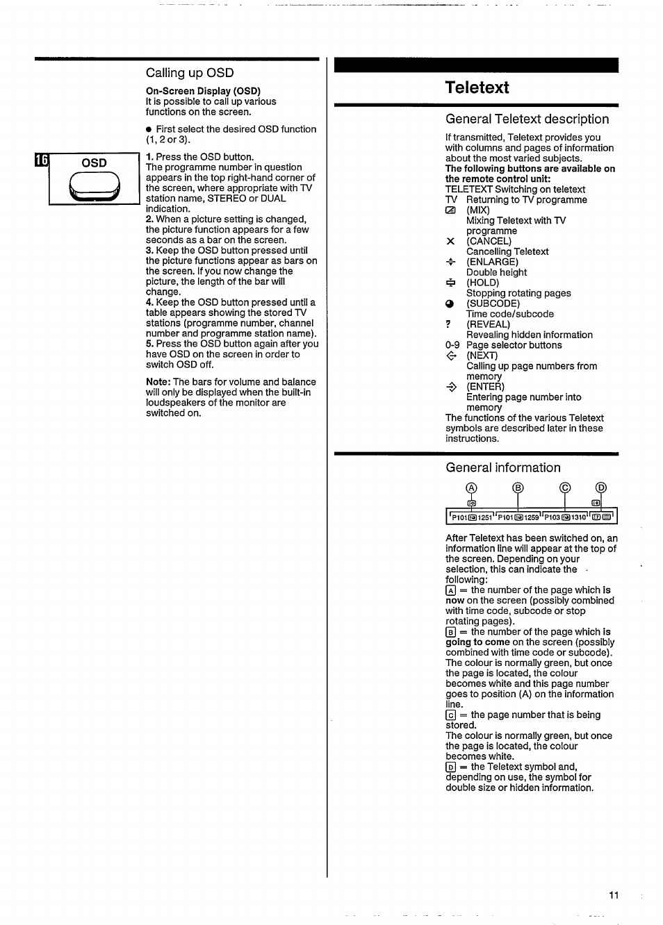 Calling up osd, Teletext, General teletext description | General information | Philips 27ce7695 User Manual | Page 15 / 37