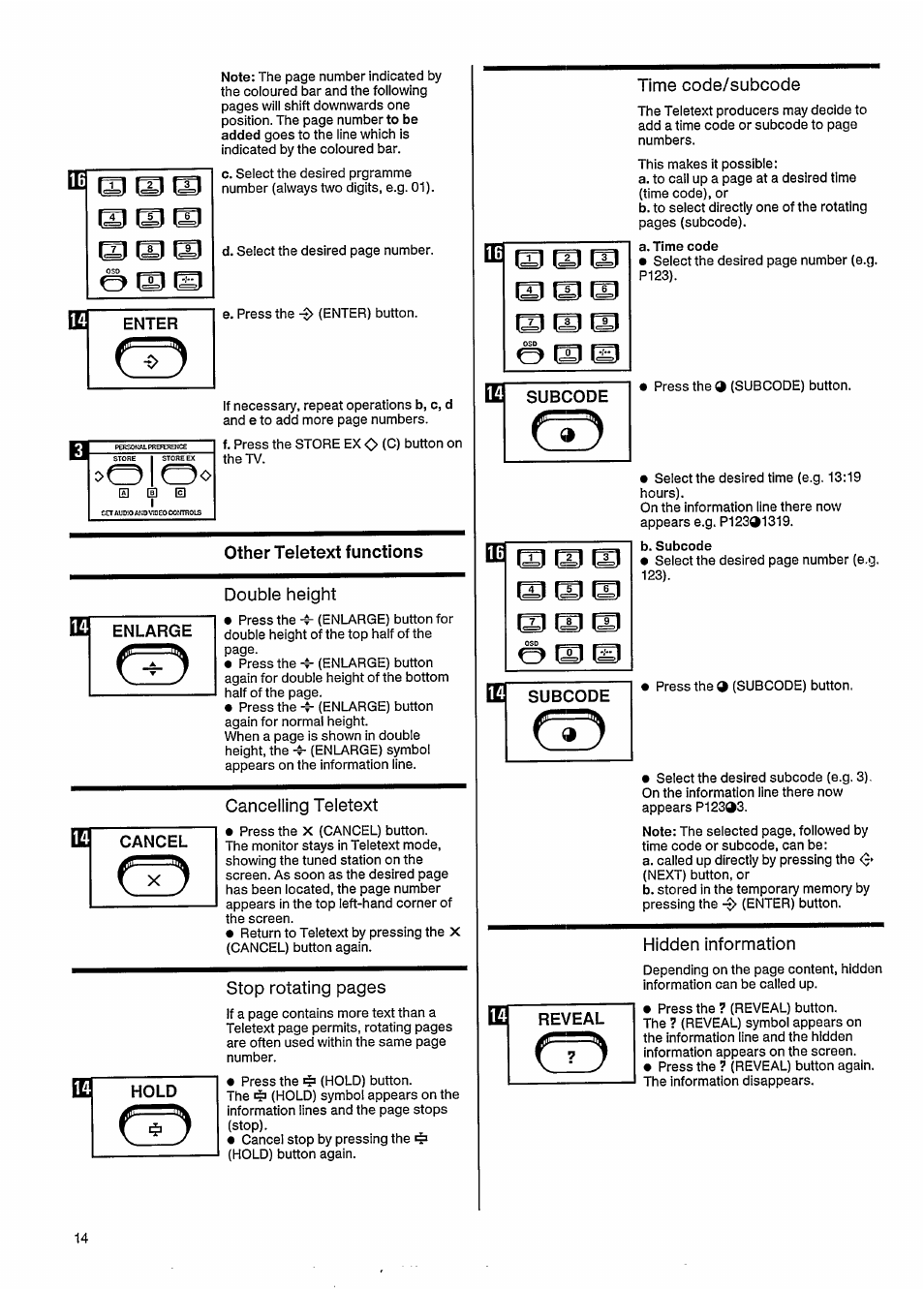 Other teletext functions, Double height, Cancelling teletext | Time code/subcode, Hidden information | Philips 27ce7695 User Manual | Page 18 / 37