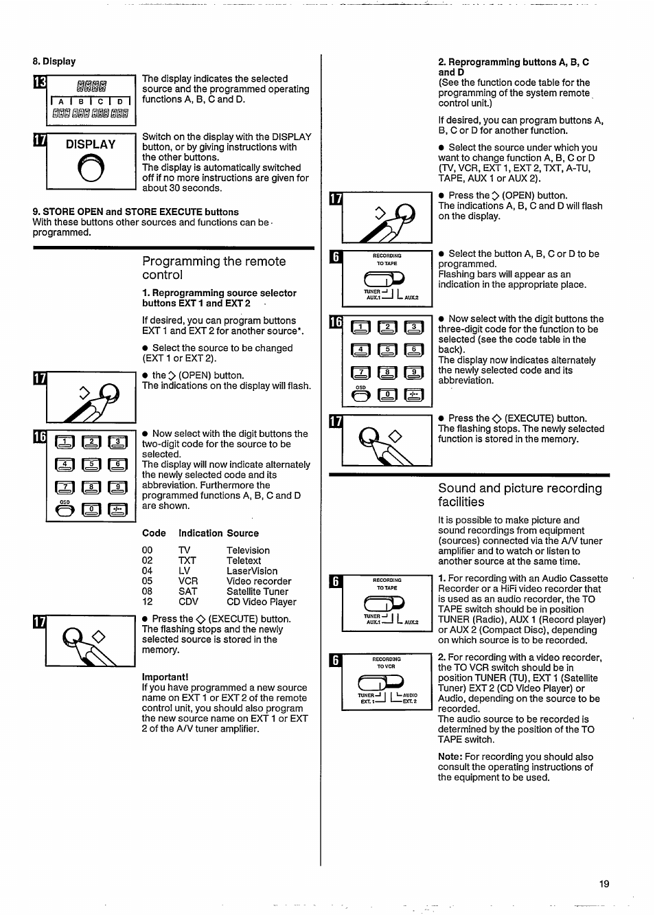Display, Programming the remote control, Sound and picture recording facilities | Philips 27ce7695 User Manual | Page 23 / 37