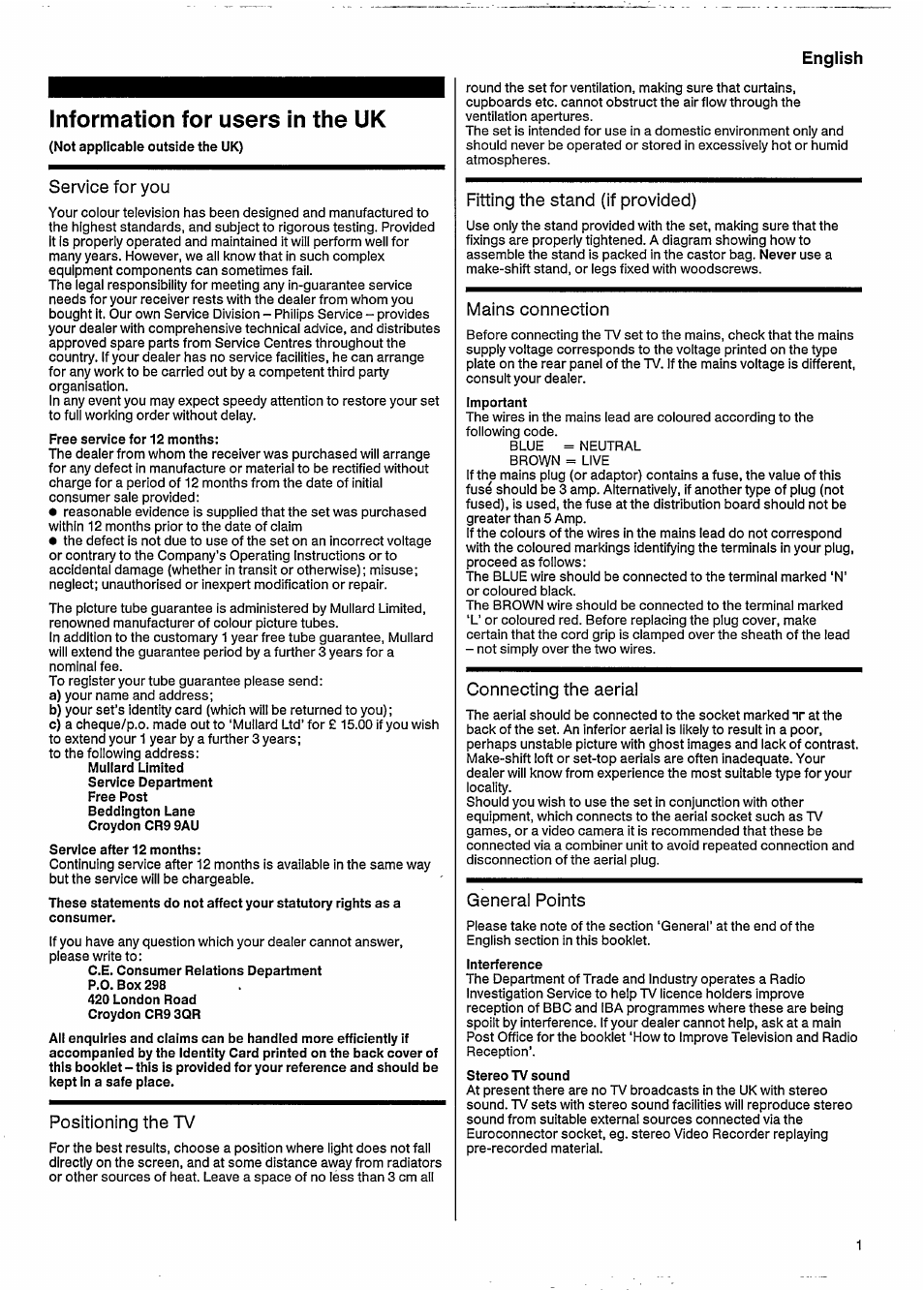 English, Information for users in the uk, Service for you | Positioning the tv, Fitting the stand (if provided), Mains connection, Connecting the aerial, General points | Philips 27ce7695 User Manual | Page 5 / 37