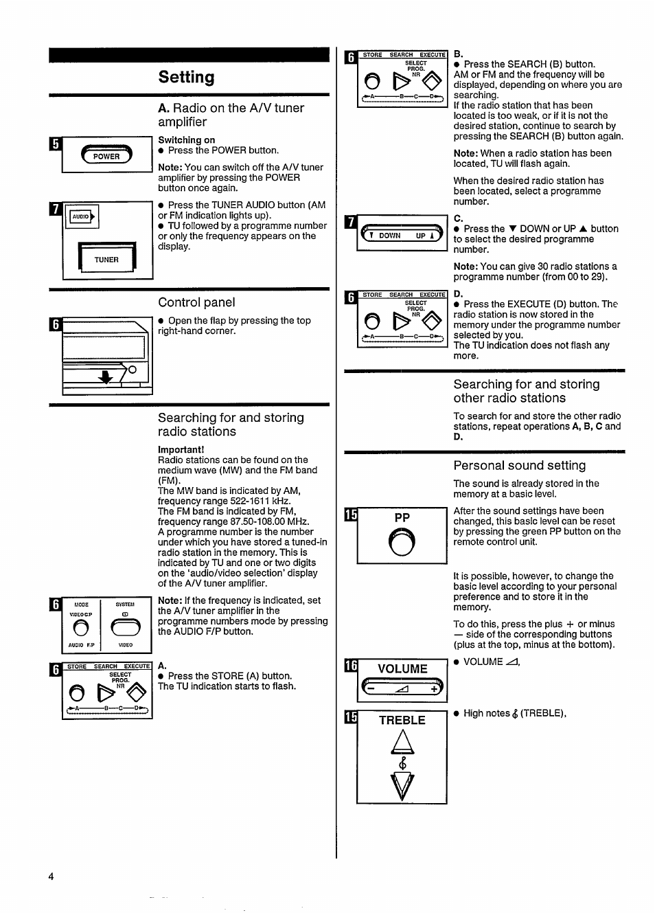 Setting, A. radio on the a/v tuner amplifier, Control panel | Searching for and storing radio stations, Searching for and storing other radio stations, Personal sound setting | Philips 27ce7695 User Manual | Page 8 / 37