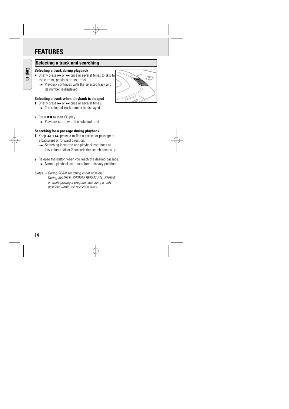 Features, Selecting a track and searching | Philips AZT9240 User Manual | Page 11 / 24