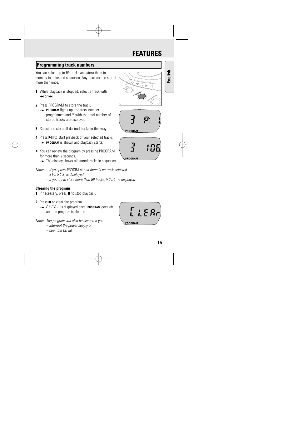 Features, Programming track numbers | Philips AZT9240 User Manual | Page 12 / 24