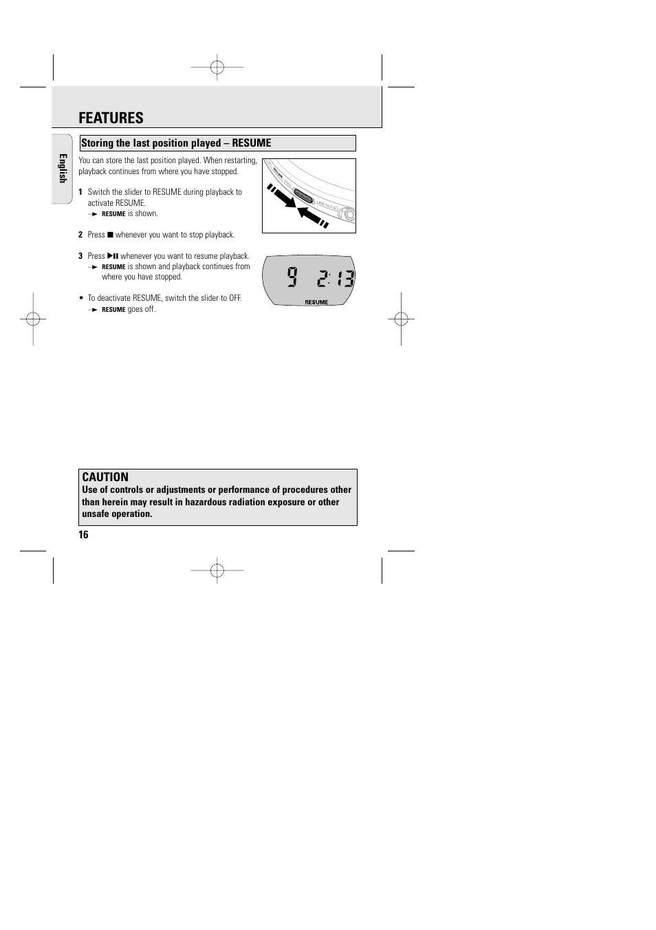 Features, Caution, Storing the last position played – resume | English | Philips AZT9240 User Manual | Page 13 / 24