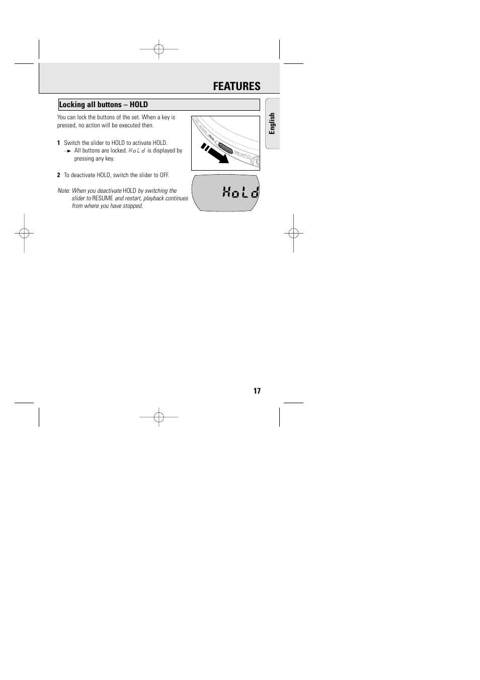 Features, Locking all buttons – hold, English | Philips AZT9240 User Manual | Page 14 / 24