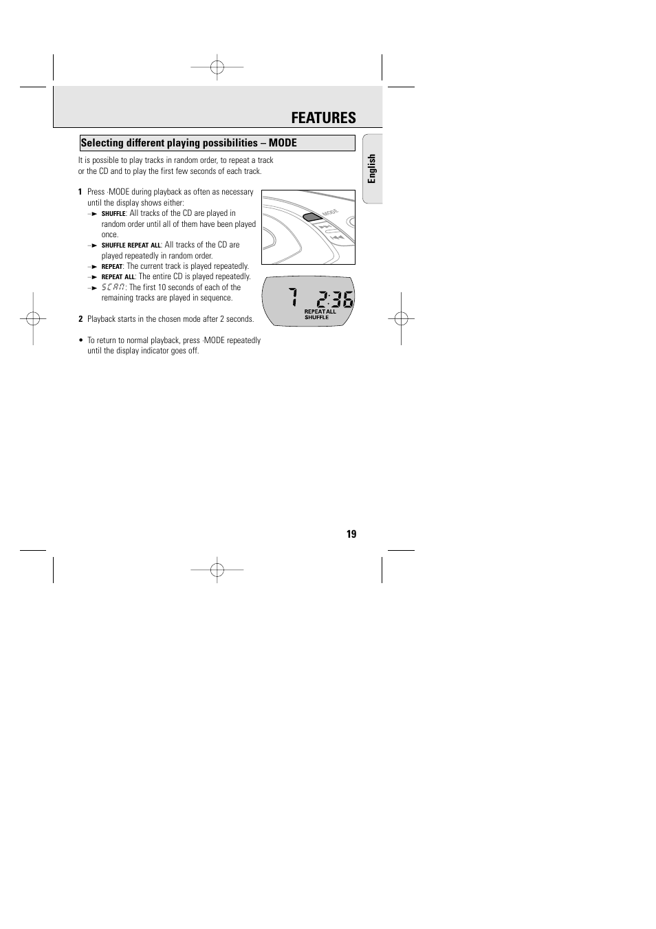 Features, Selecting different playing possibilities – mode | Philips AZT9240 User Manual | Page 16 / 24