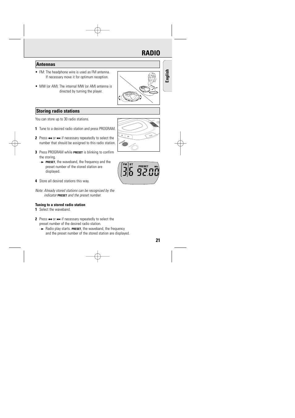 Radio, Storing radio stations, Antennas | Philips AZT9240 User Manual | Page 18 / 24