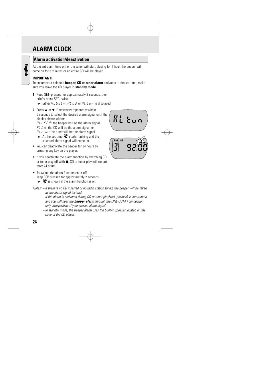 Alarm clock, Alarm activation/deactivation | Philips AZT9240 User Manual | Page 21 / 24