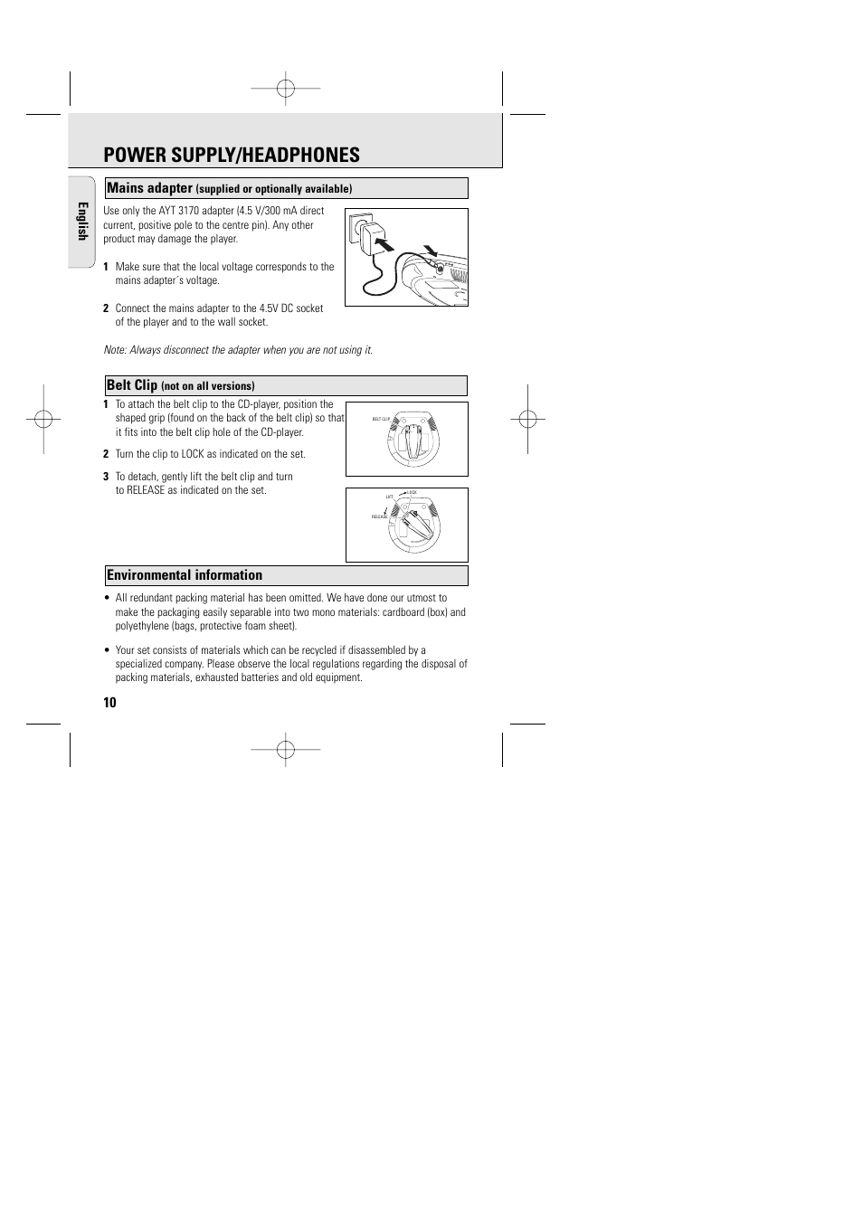 Power supply/headphones, Environmental information, Belt clip | Mains adapter | Philips AZT9240 User Manual | Page 7 / 24