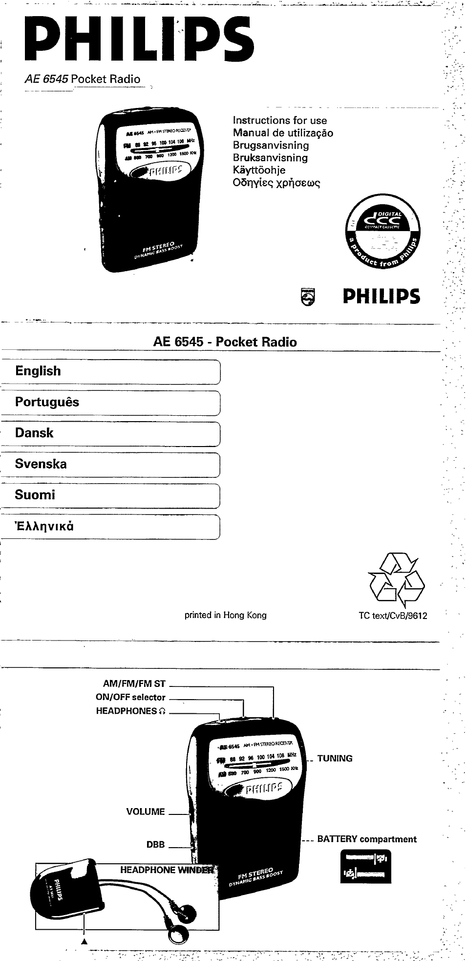 Philips, Ae 6545 - pocket radio, English | Portugués, Dansk, Svenska, Suomi, Eàanvikà | Philips AE6545 User Manual | Page 3 / 5