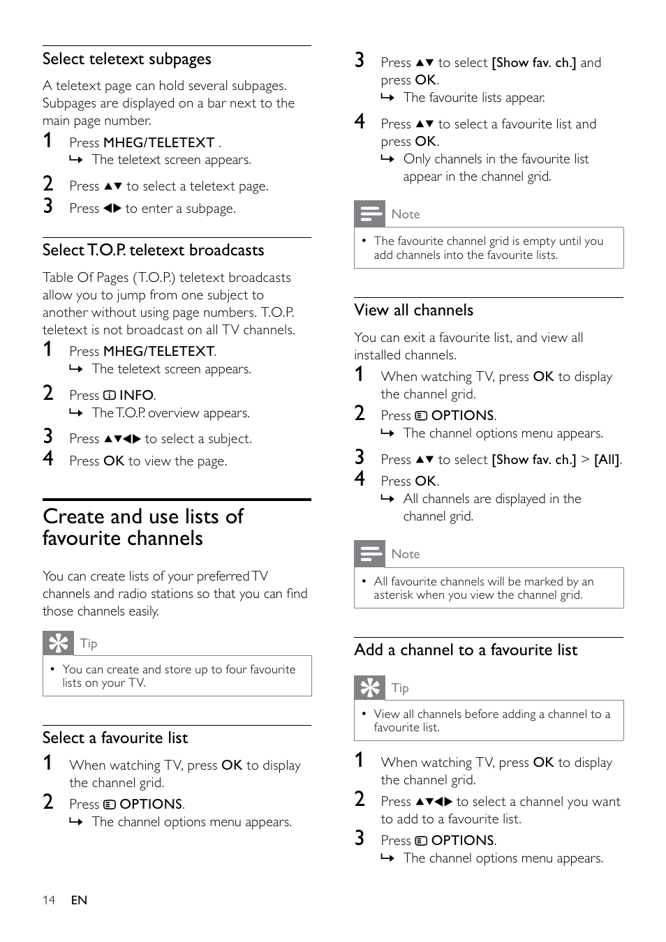 Create and use lists of favourite channels | Philips 19PFL3404D/05  EN User Manual | Page 16 / 43