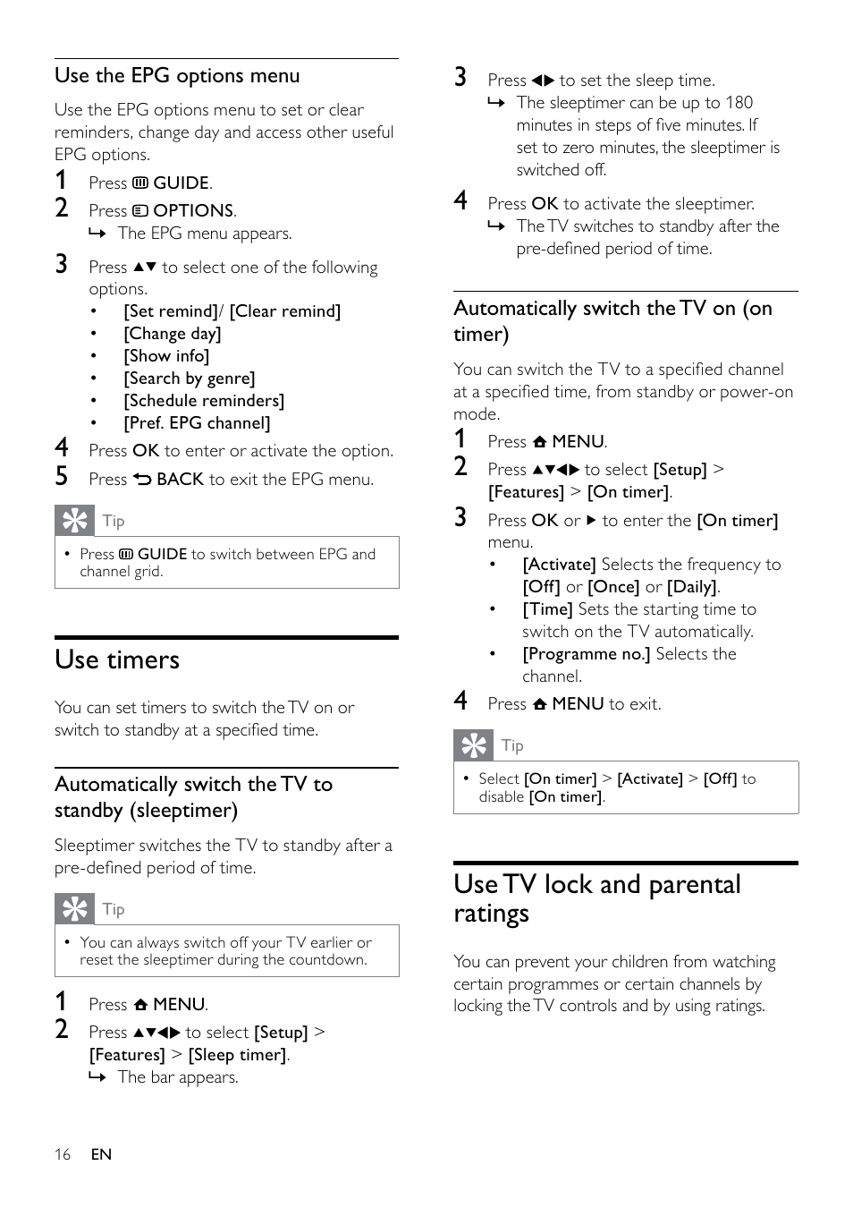 Use tv lock and parental ratings, Use timers | Philips 19PFL3404D/05  EN User Manual | Page 18 / 43