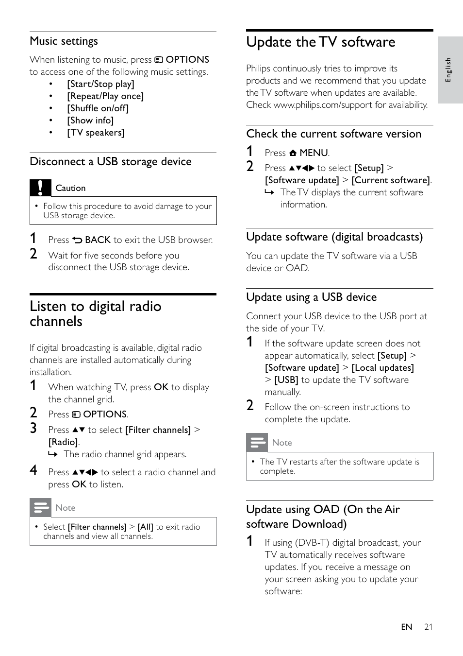 Update the tv software, Listen to digital radio channels | Philips 19PFL3404D/05  EN User Manual | Page 23 / 43