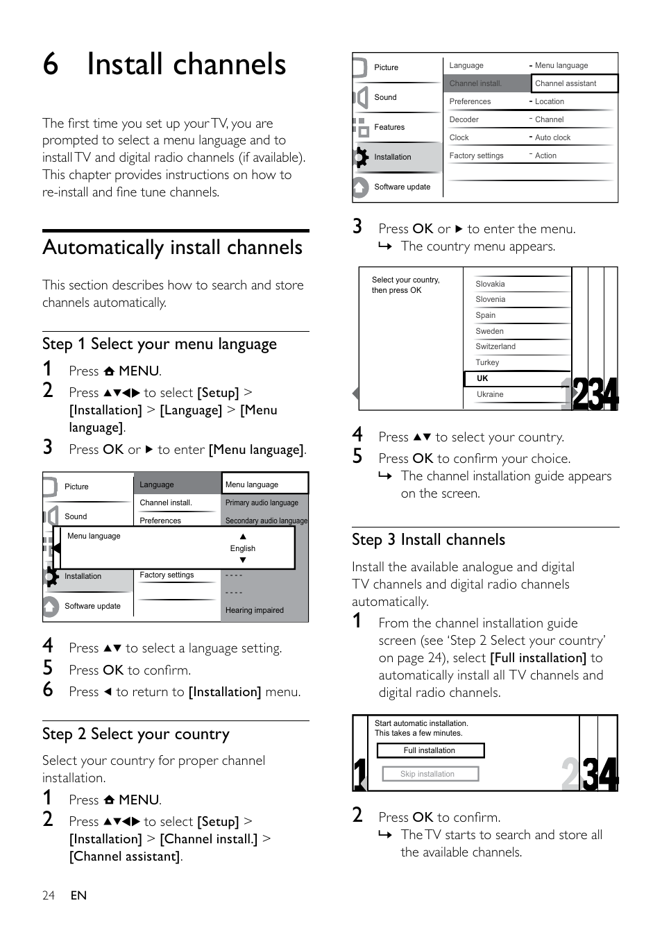 6 install channels, Automatically install channels | Philips 19PFL3404D/05  EN User Manual | Page 26 / 43