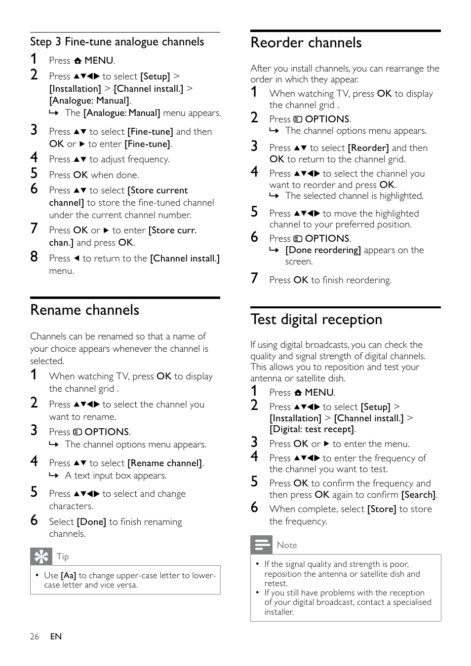 Reorder channels, Test digital reception, Rename channels | Philips 19PFL3404D/05  EN User Manual | Page 28 / 43