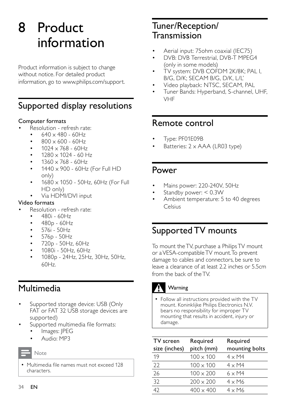 8 product information, Tuner/reception/ transmission, Remote control | Power, Supported tv mounts, Supported display resolutions, Multimedia | Philips 19PFL3404D/05  EN User Manual | Page 36 / 43