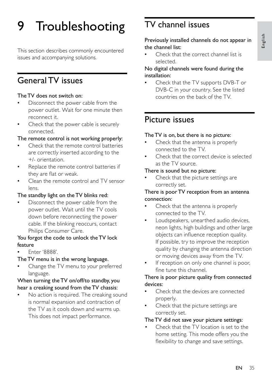 9 troubleshooting, Tv channel issues, Picture issues | General tv issues | Philips 19PFL3404D/05  EN User Manual | Page 37 / 43