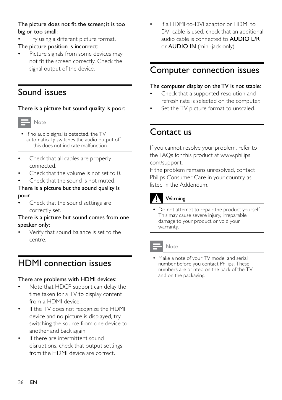 Computer connection issues, Contact us, Sound issues | Hdmi connection issues | Philips 19PFL3404D/05  EN User Manual | Page 38 / 43