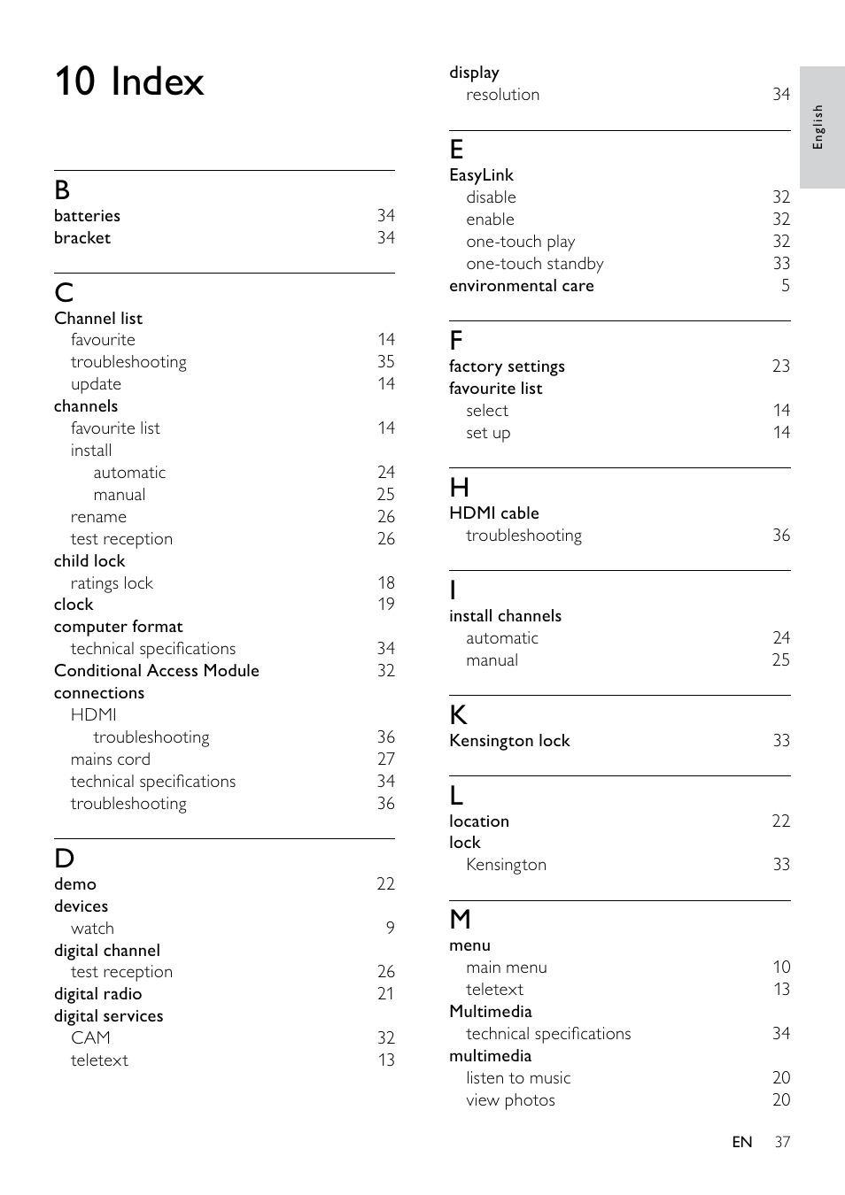 10 index | Philips 19PFL3404D/05  EN User Manual | Page 39 / 43