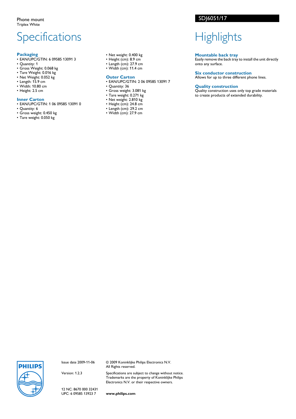 Phone mount, Specifications, Packaging | Inner carton, Outer carton, Philips, Highlights | Philips TRIPLEX SDJ6051 User Manual | Page 2 / 2