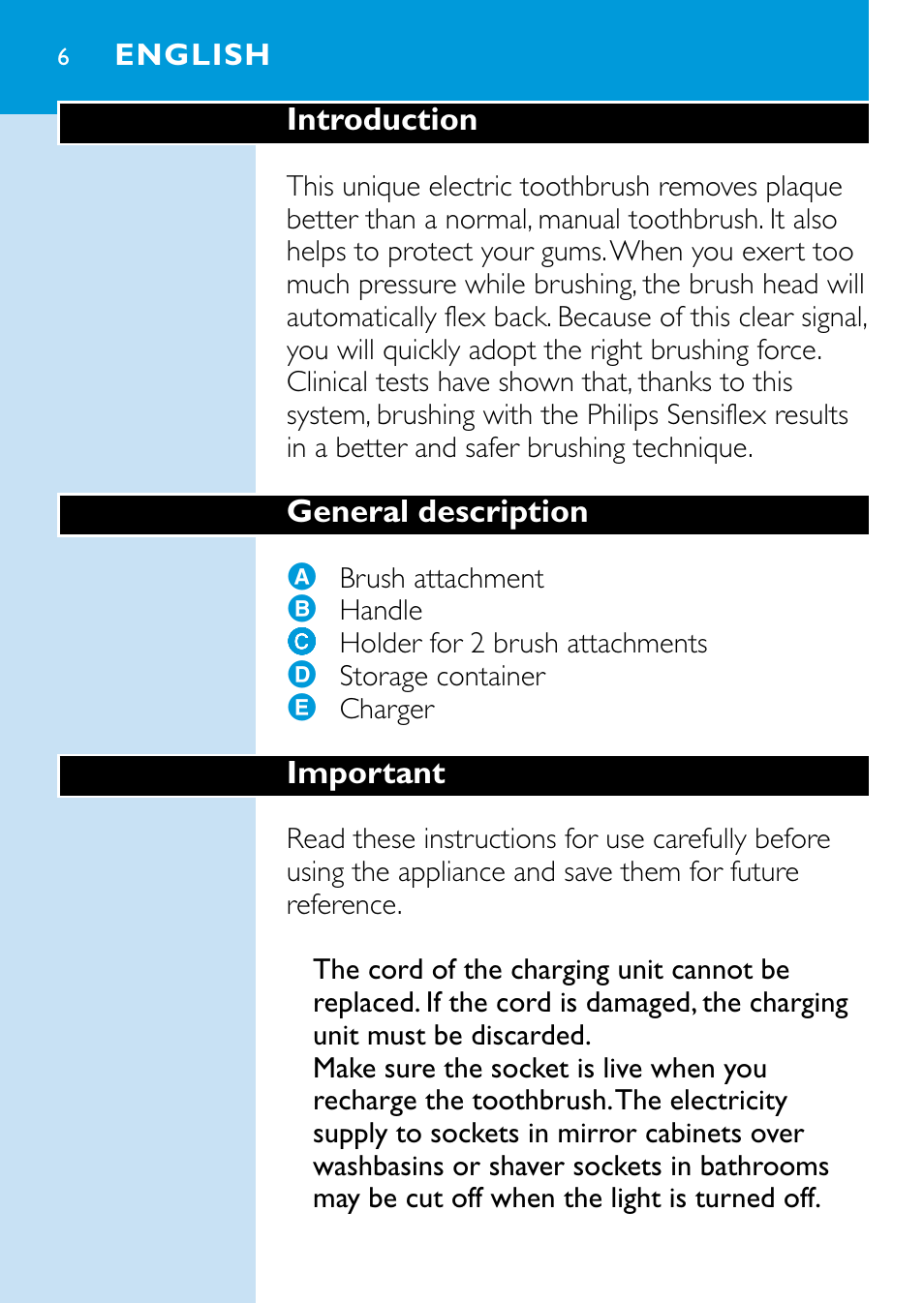 English 6 | Philips HX1515 User Manual | Page 6 / 162