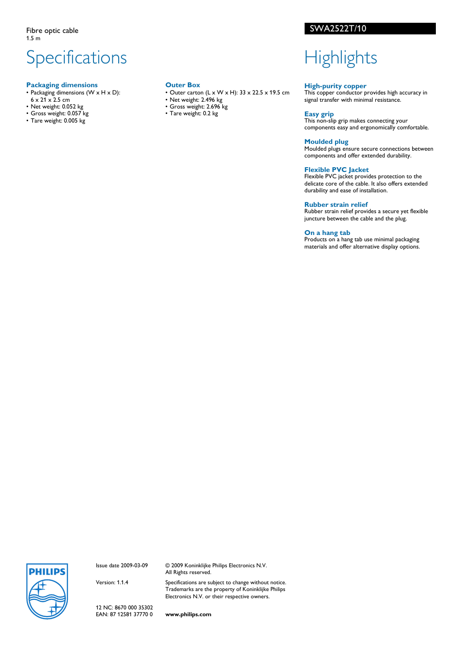 Specifications, Highlights | Philips SWA2522T User Manual | Page 2 / 2