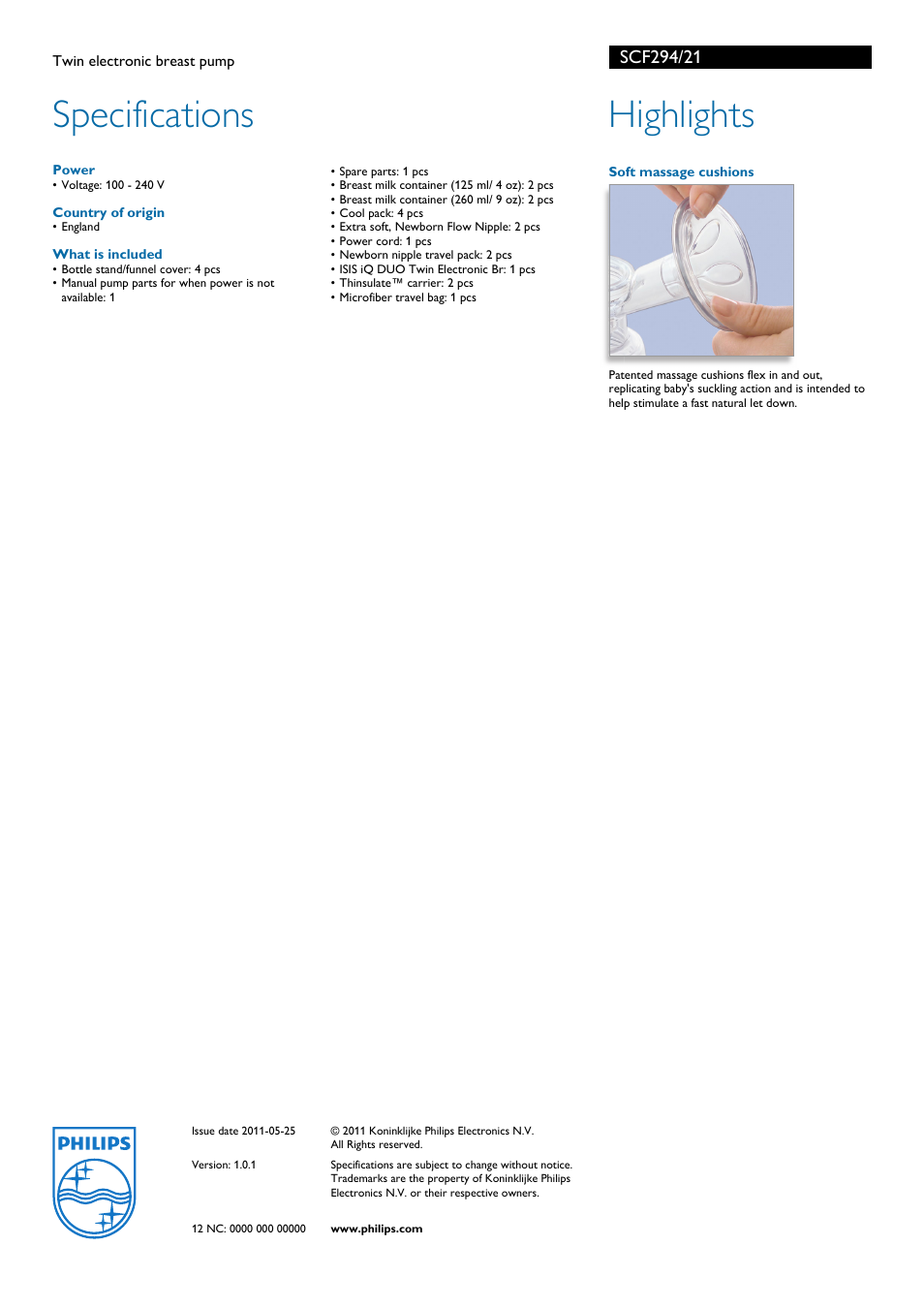 Specifications, Highlights | Philips Twin Electronic SCF294/21 User Manual | Page 2 / 2