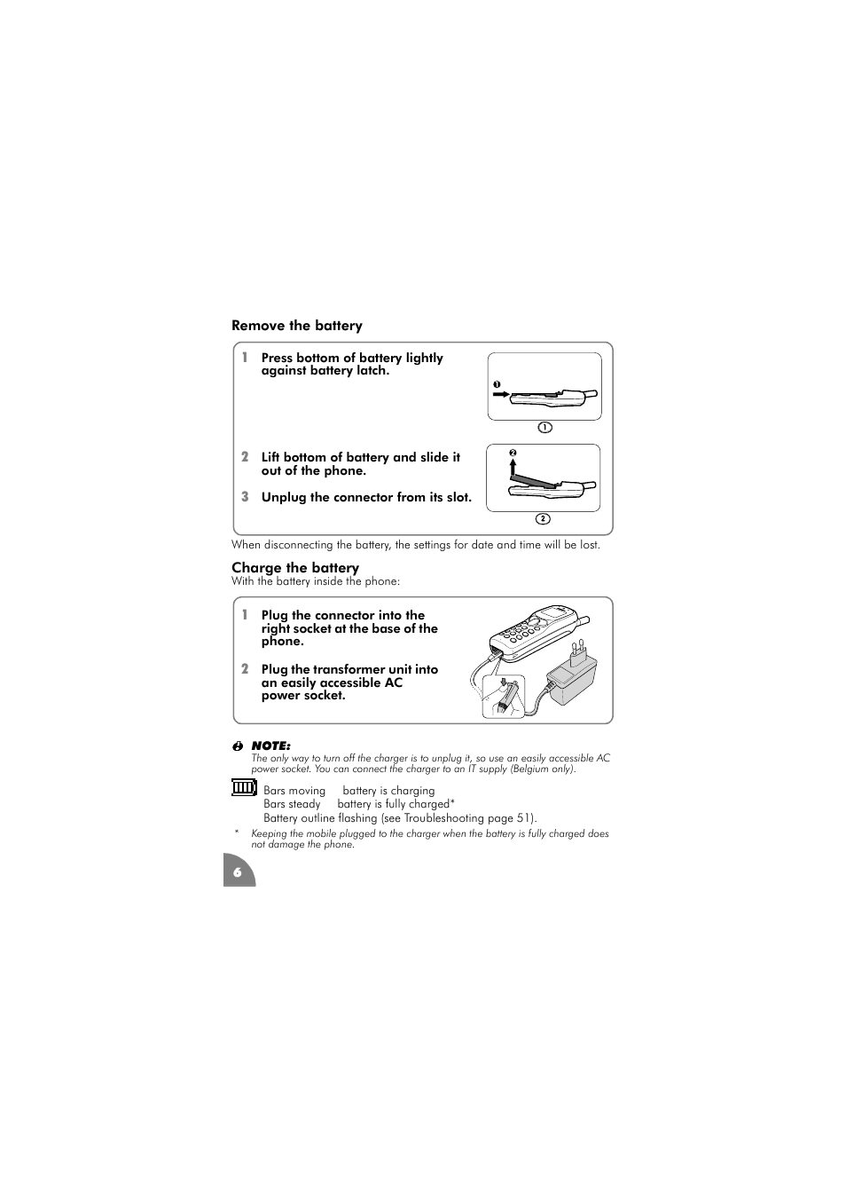 Remove the battery, Charge the battery | Philips 288 User Manual | Page 10 / 62