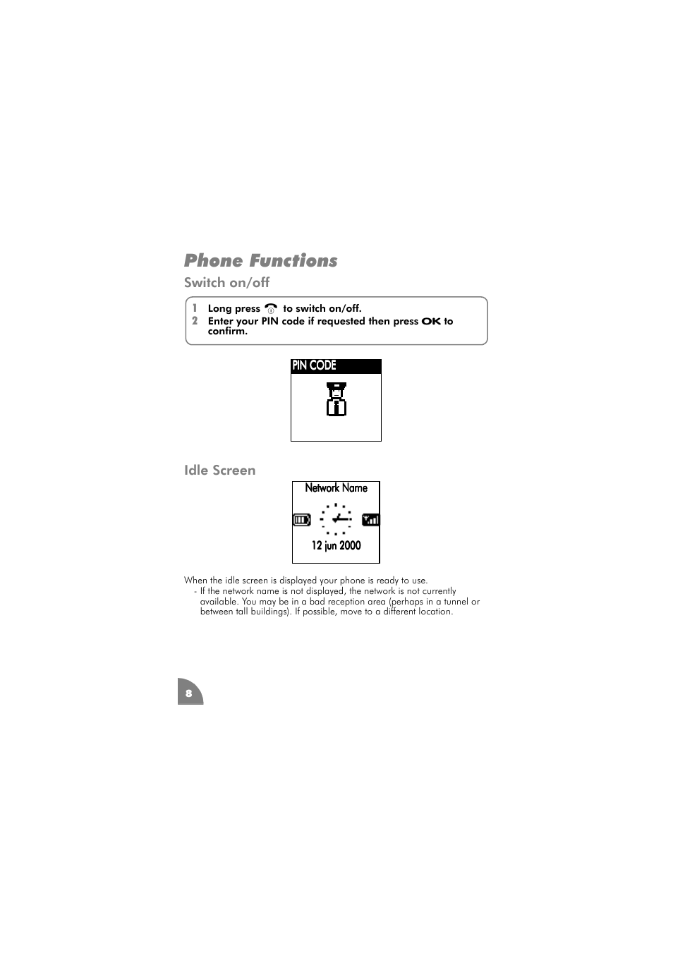 Phone functions, Switch on/off, Idle screen | Philips 288 User Manual | Page 12 / 62