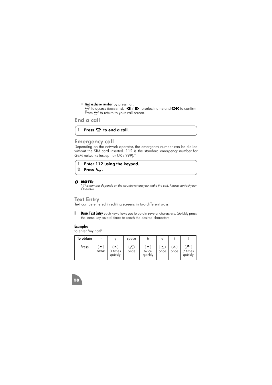 End a call, Emergency call, Text entry | End a call emergency call | Philips 288 User Manual | Page 14 / 62