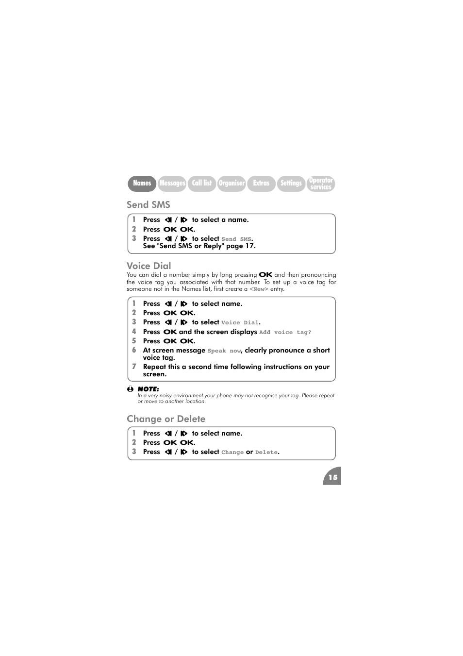 Send sms, Voice dial, Change or delete | Send sms voice dial | Philips 288 User Manual | Page 19 / 62