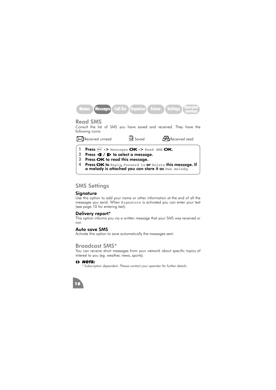 Read sms, Sms settings, Broadcast sms | Signature 18, Delivery report, Auto save sms | Philips 288 User Manual | Page 22 / 62