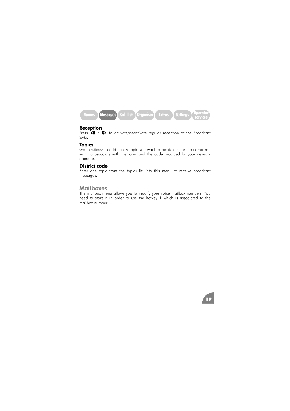 Mailboxes, Reception 19, Topics 19 | District code, Mailboxes 19 | Philips 288 User Manual | Page 23 / 62
