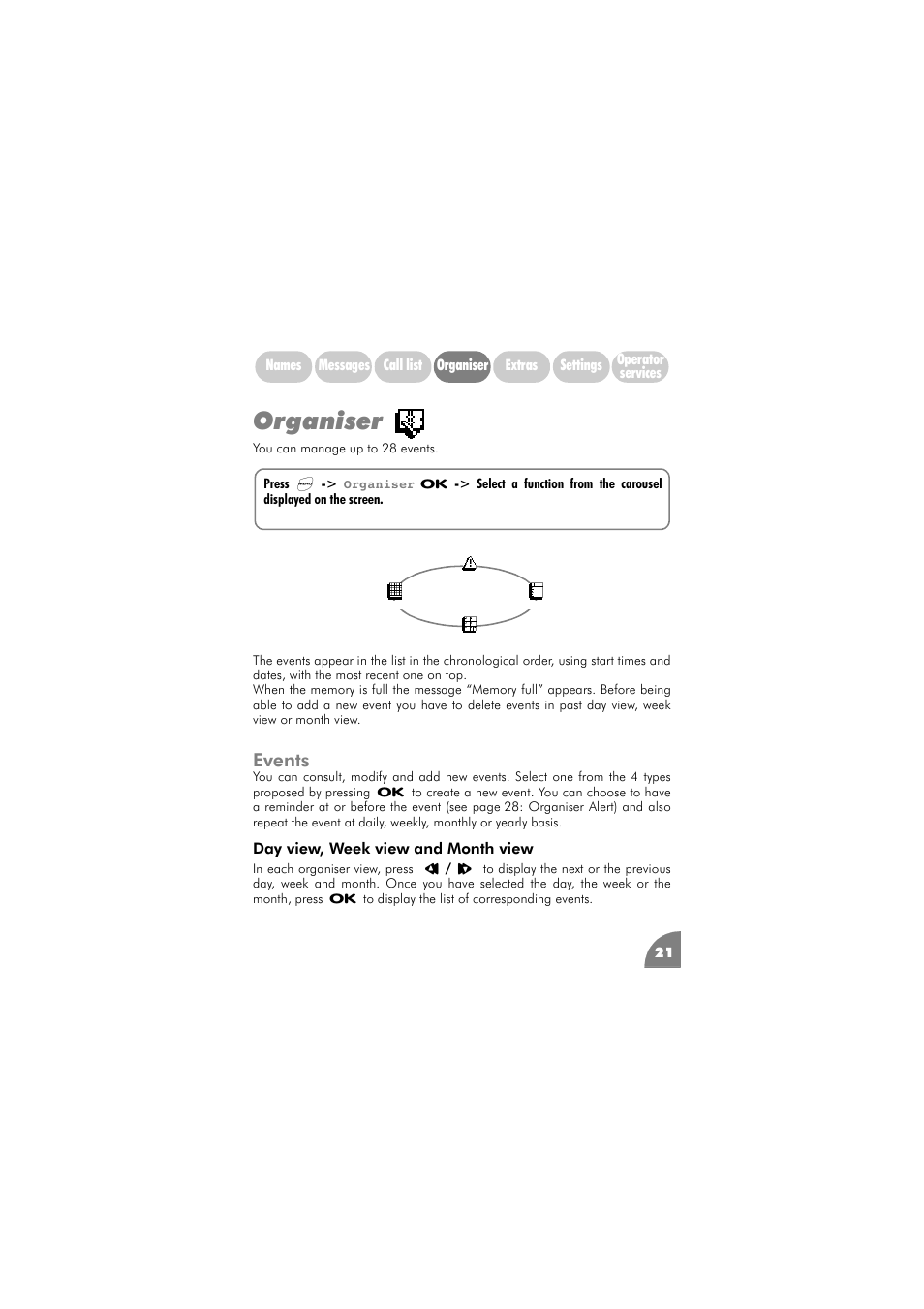 Organiser, Events, Events 21 | Day view, week view and, Month view | Philips 288 User Manual | Page 25 / 62