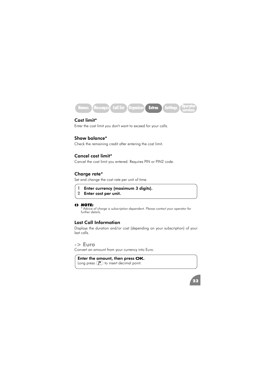 Euro, Cost limit, Show balance | Cancel cost limit, Charge rate, Last call information | Philips 288 User Manual | Page 27 / 62