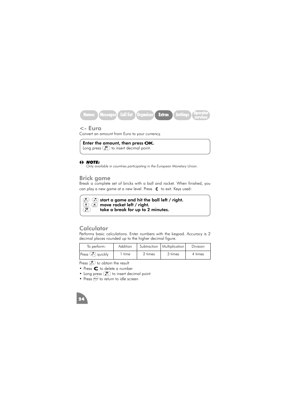 Euro, Brick game, Calculator | Calculator 24 | Philips 288 User Manual | Page 28 / 62