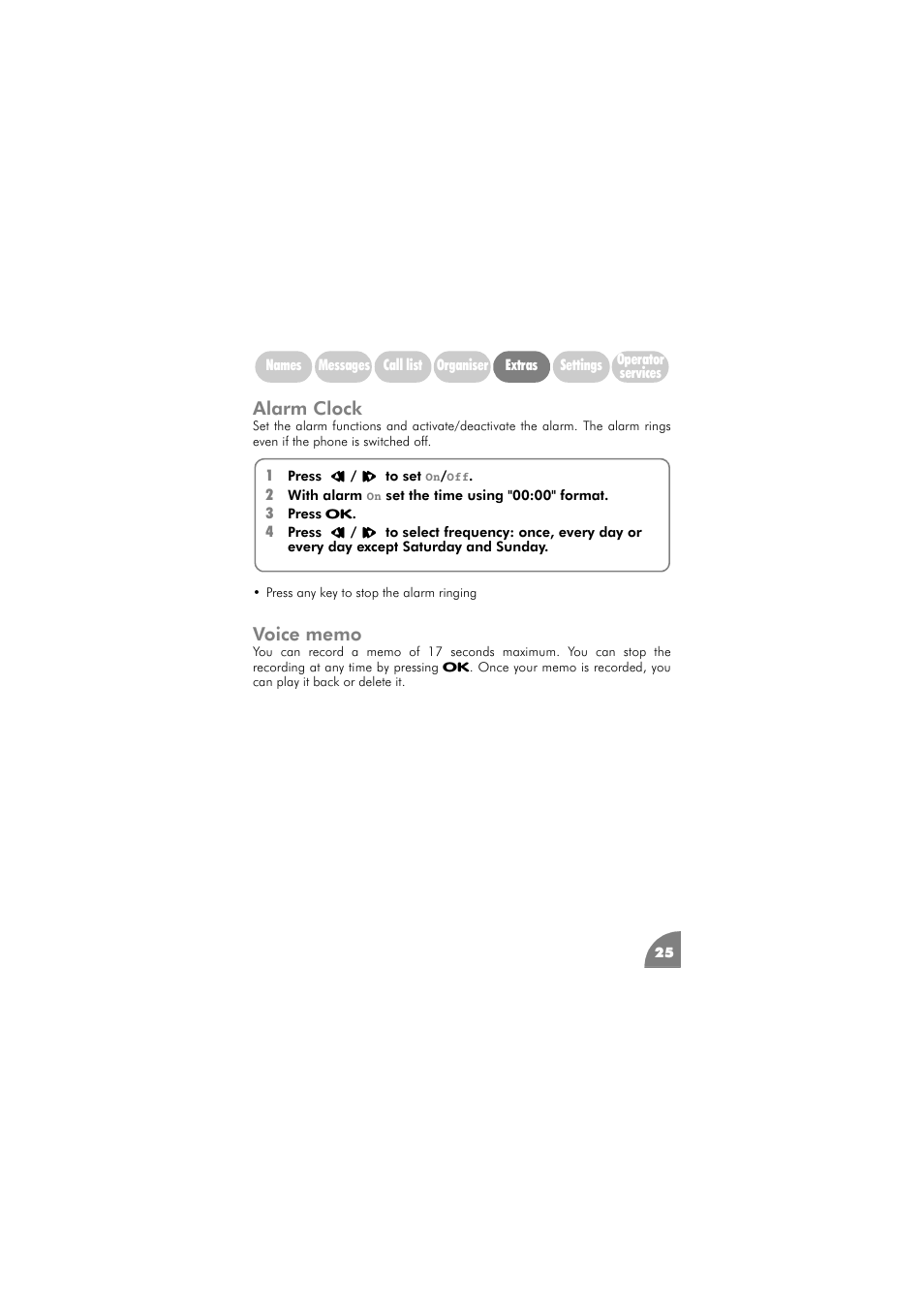 Alarm clock, Voice memo | Philips 288 User Manual | Page 29 / 62