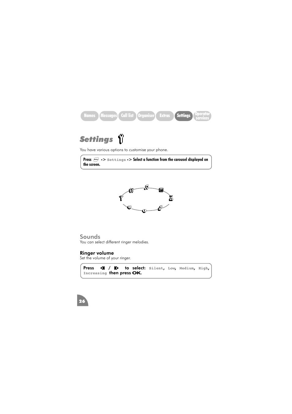 Settings, Sounds, Sounds 26 | Ringer volume | Philips 288 User Manual | Page 30 / 62