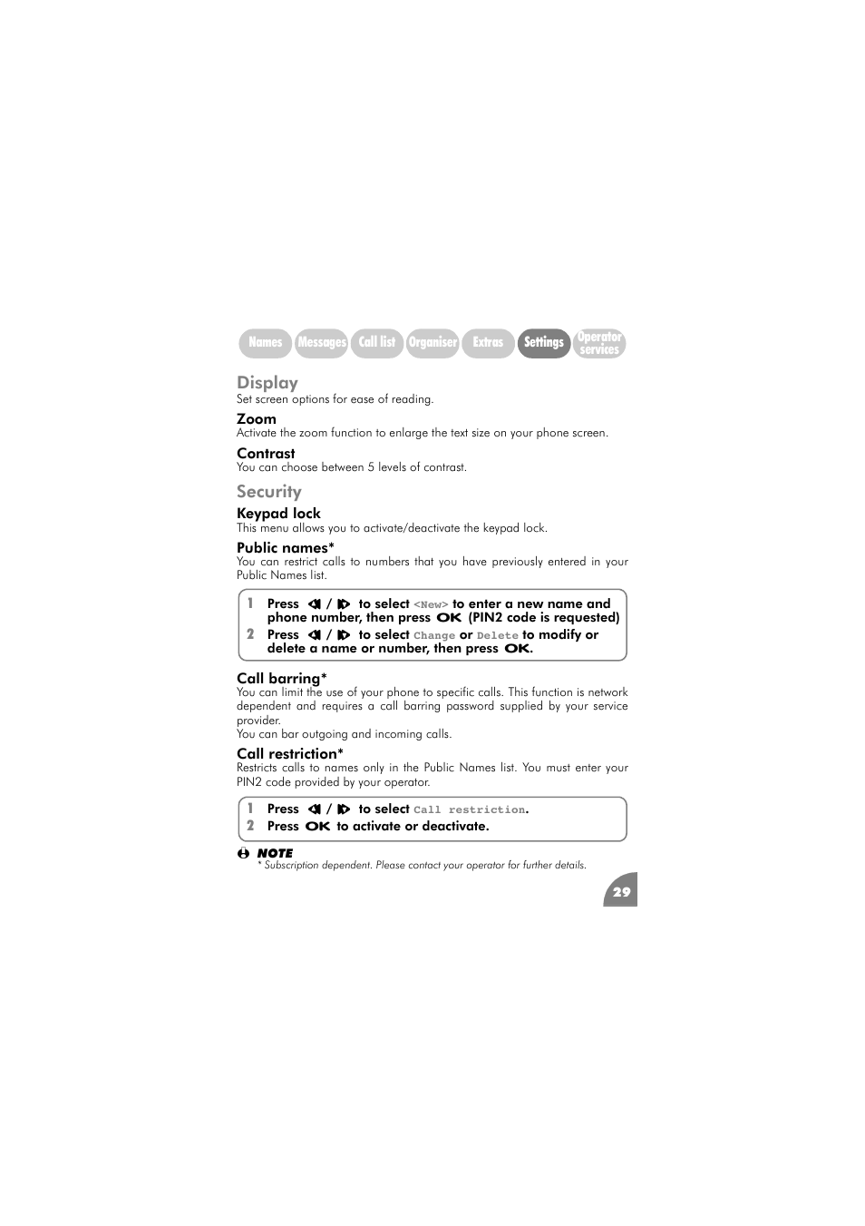 Display, Security, Display 29 | Zoom 29, Contrast 29, Security 29, Keypad lock, Public names, Call barring, Call restriction | Philips 288 User Manual | Page 33 / 62
