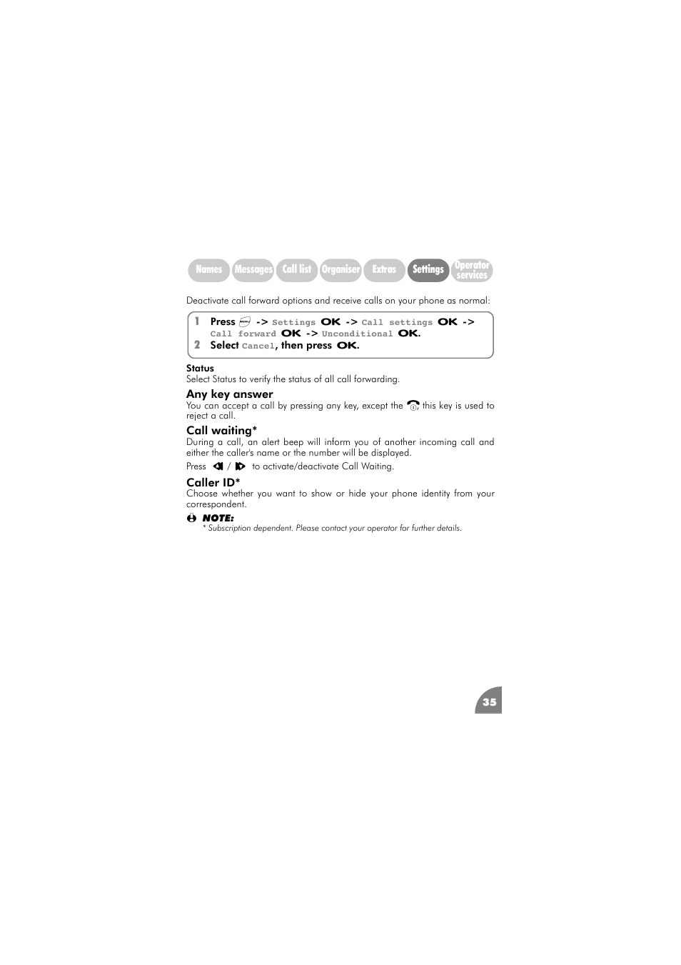 Any k, Call waiting, Caller id | Philips 288 User Manual | Page 39 / 62