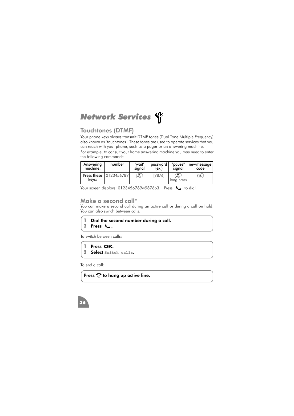 Network services, Touchtones (dtmf), Make a second call | Philips 288 User Manual | Page 40 / 62