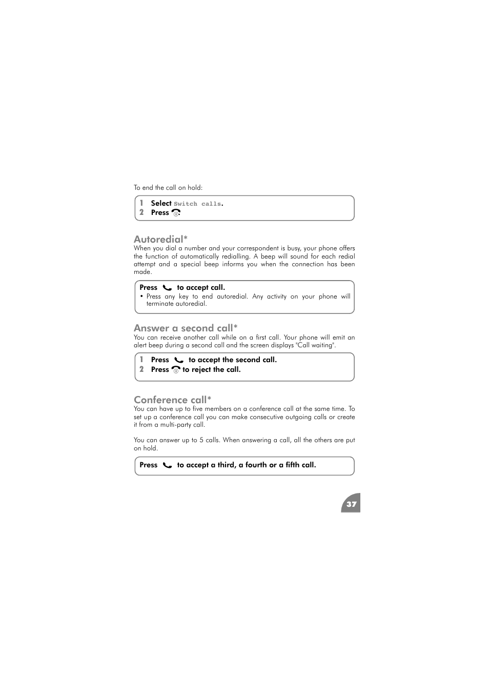 Autoredial, Answer a second call, Conference call | Autoredial 37 answer a second call | Philips 288 User Manual | Page 41 / 62