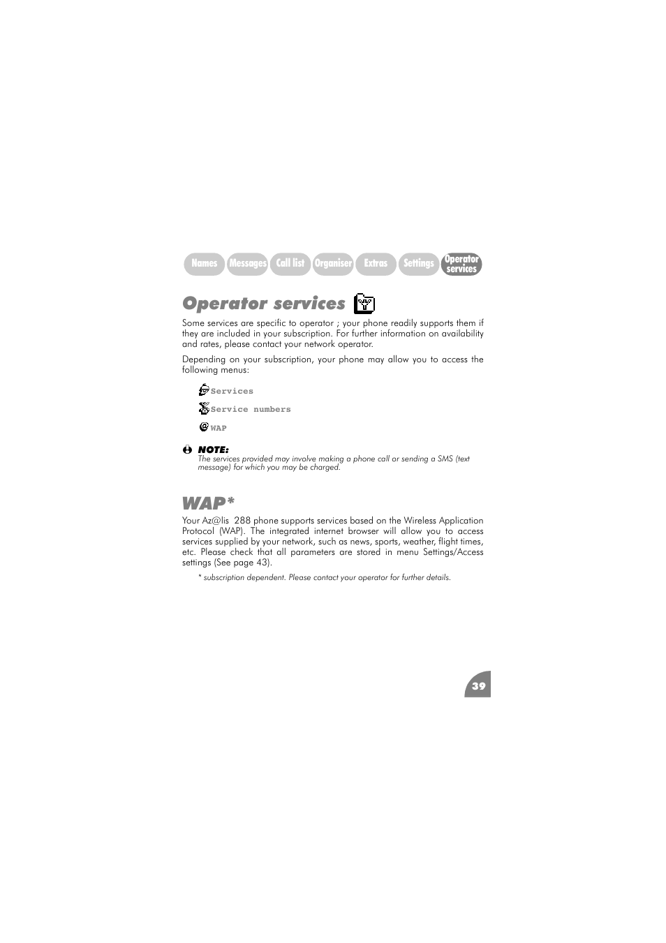 Operator services, Wap 39 | Philips 288 User Manual | Page 43 / 62